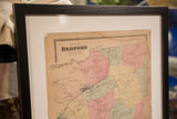 Framed antique 1860s Bedford NY map, showing pastel Katonah area and top left rip.