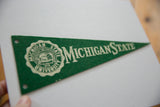 Vintage Michigan State University felt pennant with detailed off-white university seal and green texture.