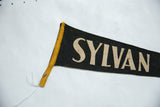 Close-up of vintage Sylvan Lake felt pennant: beige SYLVAN lettering, yellow binding.