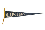 Vintage 1930s Custer SD felt pennant flag, cream text on deep blue, 3x20 inches.