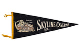 Black vintage felt pennant for Skyline Caverns VA, featuring cream Entrance Lodge graphic, 11x30.