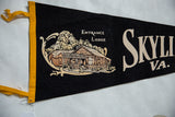 Yellow felt trim and tie strings on the textured black vintage pennant.