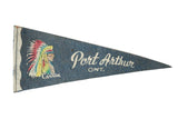Vintage blue felt pennant for Port Arthur, Canada with a colorful Native American chief graphic and white text.