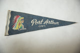 Colorful headdress graphic and stitched white border on the vintage Port Arthur felt flag.