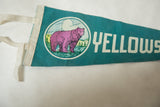 Teal vintage felt Yellowstone Park pennant featuring white ties and pink bear.