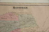 Detail of the title, scale, and color-coded districts on the antique Mansfield map.