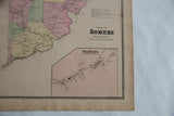 Antique Somers NY map detail, featuring the local village inset with roads and border.