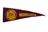 Vintage University of Minnesota felt pennant, maroon and yellow, with seal and text, 3.5x9.5 inches.