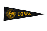 Vintage State University of Iowa black felt pennant with yellow seal and text.