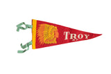 Red felt pennant with 'TROY N.Y.' and Native American headdress graphic. 5x11 inches.