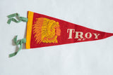 Green felt ties and yellow stitched edge of the vintage Troy NY pennant.