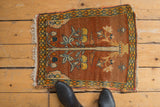 A small antique Tabriz mat shown to scale, highlighting the tree of life design on a rust field.