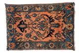 Fine vintage Lilihan rug with central floral palmette, animal motif, apricot rose field, navy border, 2' x 2'10