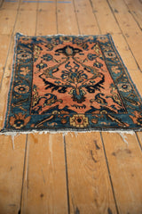 White fringe and blue floral border detail on a vintage Lilihan rug mat.