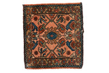 Vintage Lilihan square rug mat featuring dusty rose field, sapphire blue floral, geometric vinery.