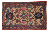 Vintage Lilihan rug mat, geometric serrated design, vine borders, ivory, navy, raspberry colors.