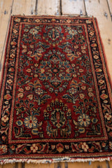 Brick red Sarouk rug field details floral spray bouquets and meandering vine border.