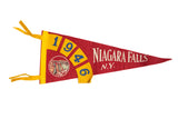 Vintage 1946 Niagara Falls felt pennant, red, yellow trim, white text, waterfall graphic.