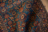 Vintage Malayer rug in sapphire blue, ruby red Herati motif, with gently worn pile.