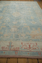 Distressed Oushak rug border with ivory, powder blue, terracotta motifs and side selvage.