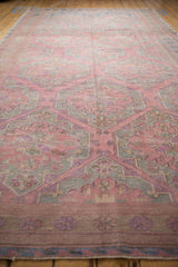 A long view of the distressed Soumac runner's repeating hexagonal floral medallions.