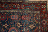 Vintage Malayer rug, worn floral field, samovar border in navy and black cherry red.