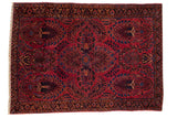 Vintage American Sarouk rug, central bursting medallion, dense floral design, red and blue, 3'6