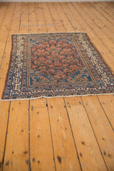 Close-up: Malayer rug Herati motif in madder red and indigo, blue spandrels, pawn border detail.