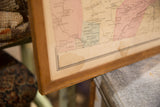 Corner detail of the antique 1860s Bedford NY map with wood frame and paper's age patina.