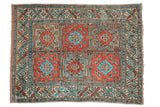 Distressed vintage Oushak rug, red, blue, silver paneled medallions with infinity knots.