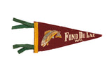 Vintage Fond Du Lac Wisconsin felt pennant, maroon with bass fish graphic and green ties.