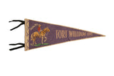 Vintage Fort William Ontario felt pennant, plum, textured horse and rider graphic.