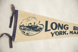 Vintage Long Beach Felt Flag: dark blue felt binding and tied ribbons at the left edge.