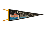 Vintage Sault Ste Marie Michigan felt pennant, black with circa 1950s Locks and Bridge illustration.