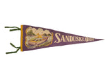 Vintage Sandusky Ohio felt flag, deep purple, featuring a fisherman in a rowboat, cream text, 8x25.
