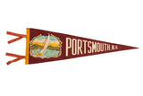 Vintage Portsmouth NH maroon felt pennant, 1940s, with a sailboat seascape, 8.5