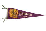 Vintage purple felt pennant, Cadillac Michigan chief profile in golden yellow, 1940s.