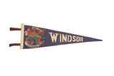 A vintage 1940s felt pennant for Windsor Canada in blue with a beaver and maple leaf graphic.
