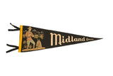 Vintage Midland Canada felt flag in black with a graphic of a guard and horse in a mountain landscape.