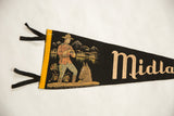 Graphic of a guard with binoculars and his horse on a black felt pennant with a yellow border.