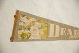 Vintage felt pennant's Michigan map graphic displaying boats, deer, and Native American imagery.