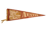 Vintage Austin Minnesota felt pennant in aged terracotta with detailed map and wildlife graphics.