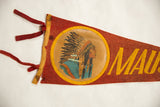 Red felt vintage Mauston WI pennant with knotted red ties and circular Native American headdress graphic.