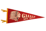 Vintage red felt pennant for Gallup, New Mexico with a graphic of a Native American chief.