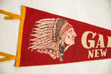 Close-up of the vintage Gallup flag showing the hand-colored chief graphic and felt texture.