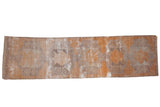 Vintage distressed Oushak runner, abrashed gold, saffron, and charcoal rams horn guls, 3'4