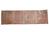 Vintage Distressed Oushak runner, dusty blush red and muted silver geometric medallions with aged patina.
