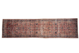 Distressed vintage Sparta runner rug, allover flowing vines, palmettes, abrashes, blush and cobalt blue, 2'6