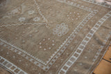 Vintage Distressed Oushak runner, pale coffee brown field, ivory geometric floral border.
