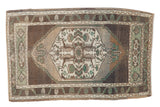 Vintage distressed Oushak rug mat, coffee brown, ivory, seafoam green medallion, 1'11